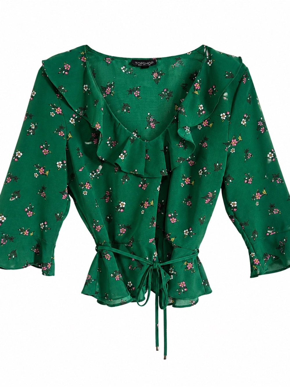 Topshop Emerald Green Floral Ruffle Wrap Top